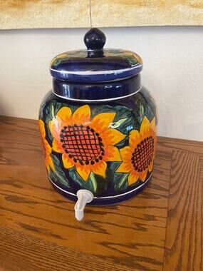 Terra-cotta water crock made in Mexico sunflowers design